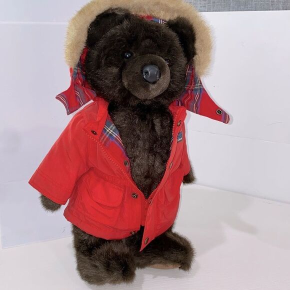 Vintage L.L. Bean Red Teddy Bear Coat Black Bear Includes Bear Stand - Picture 5 of 10